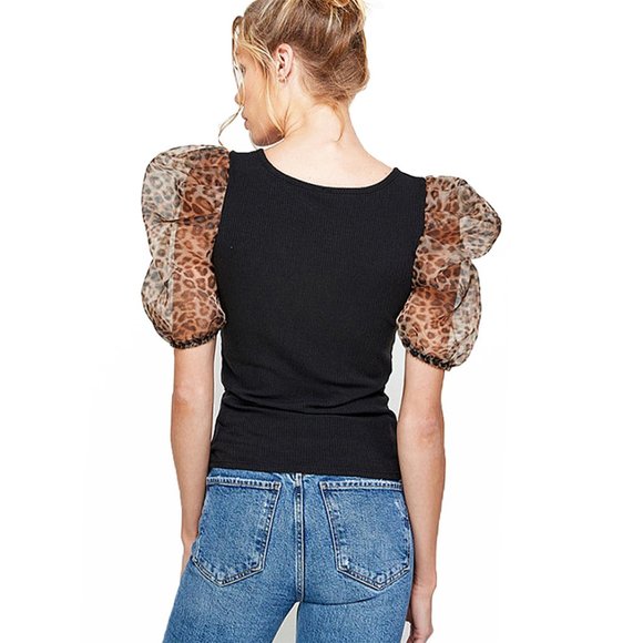 Paris Peek-A-Boo Leopard Puff Sleeve Top  - WT1042 - Picture 3 of 6
